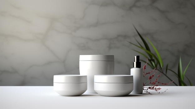 photo set of skincare bottles and containers isolated on a gray wall generated by AI