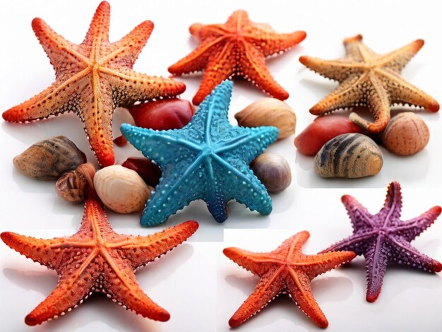 Photo set with sea stars isolated on white