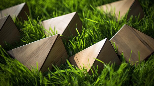 Photo a photo of a set of wooden rhombuses green grass backdrop