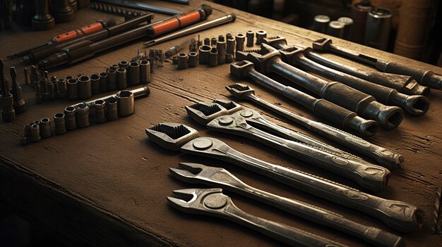 A photo of a set of wrenches and sockets on a workbench