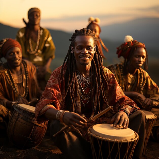 Photo photo of several african drummers playing the djembe traditional musical instrument