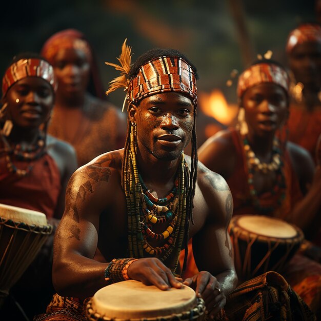 Photo of several African drummers playing the djembe traditional musical instrument