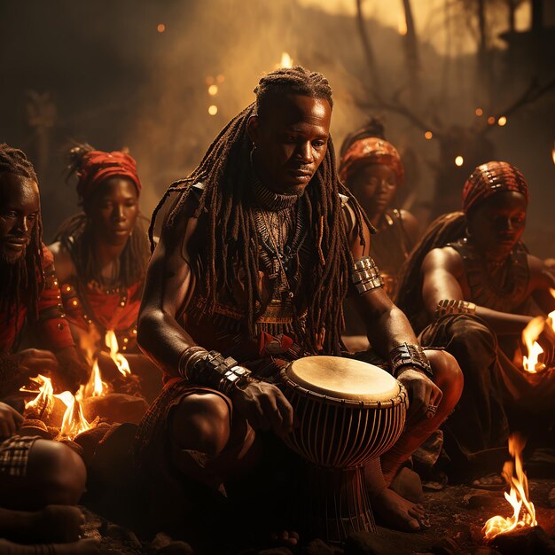 Photo of several African drummers playing the djembe traditional musical instrument