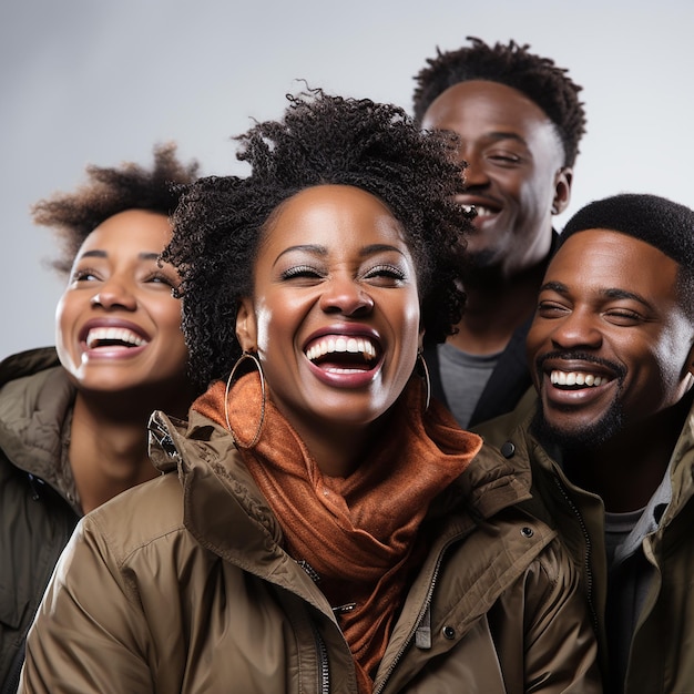 Фото нескольких кудрявых чернокожих африканцев со счастливыми выражениями на белом фоне
