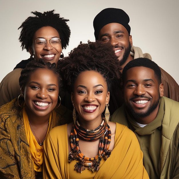 Photo of several curly haired black African people with happy expressions on a white background