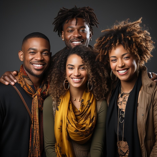 Photo of several curly haired black African people with happy expressions on a white background