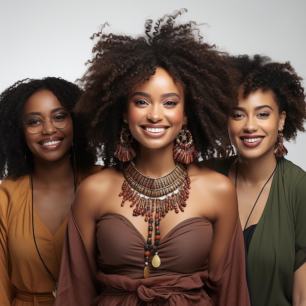 Photo of several curly haired black African people with happy expressions on a white background