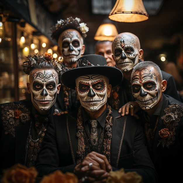 a photo of several people with scary costumes and faces for the celebration of the day of the dead