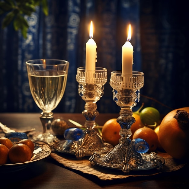 Photo shabbat candlesticks with burning candles on the kitchen table traditional jewish