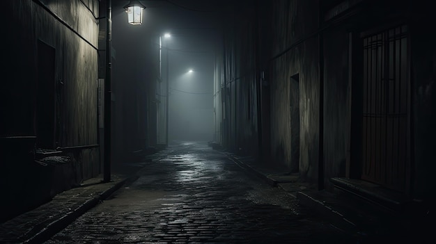 A photo of a shadowy alley dim streetlights