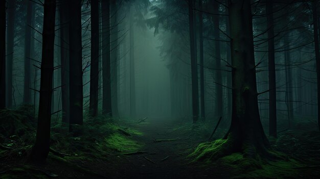 A photo of a shadowy forest dense fog
