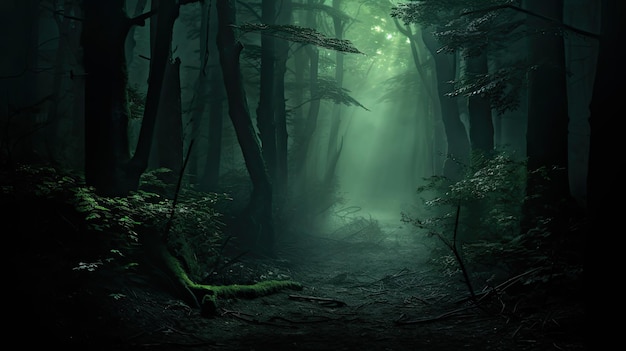 A photo of a shadowy forest dense fog