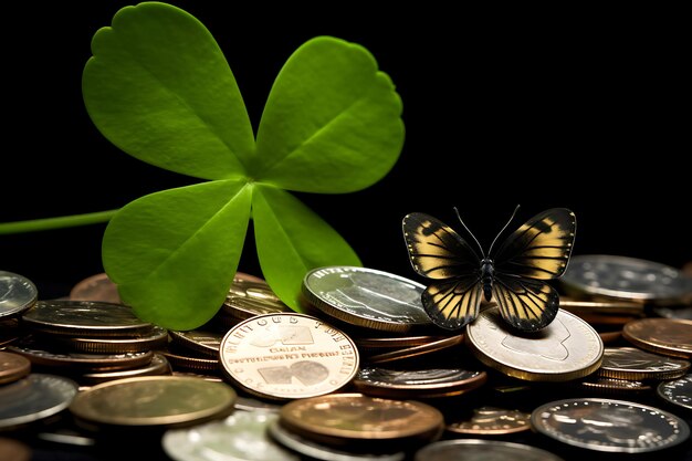 Photo of Shamrocks and Irish Coins on a St Patrick's Day