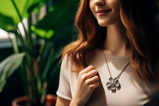 Photo photo of shamrockshaped jewelry on a womans neck