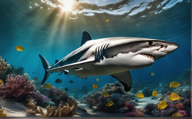 A photo of shark under in ocean under water view