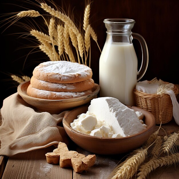 Photo shavuot kosher food fresh dairy products milk cottage cheese wheat harvest