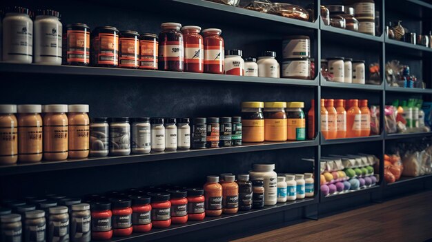 A photo of a shelf displaying sports nutrition products