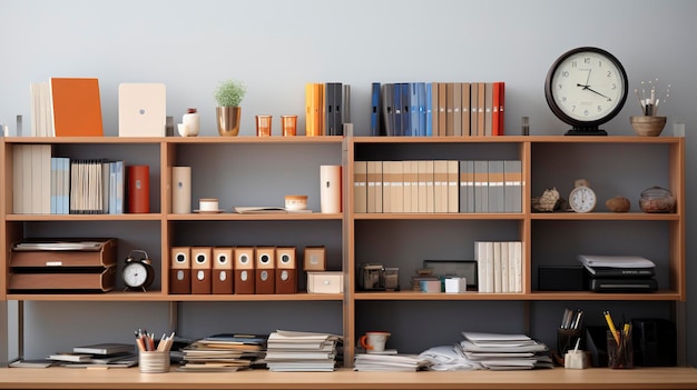 A photo of a shelf with office management tools