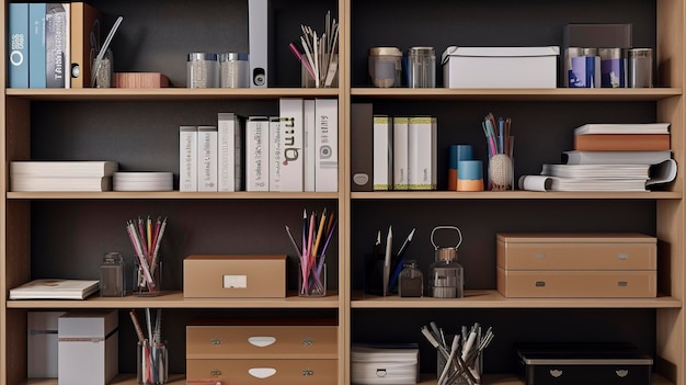 A photo of a shelf with office organization supplies