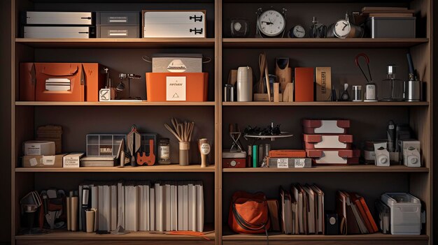 A photo of a shelf with office organization tools