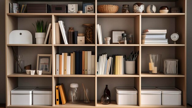 A photo of a shelf with office organization tools