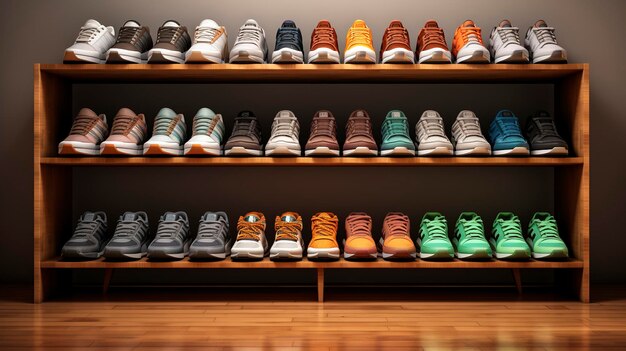 A photo of a shelf with a range of athletic sneakers