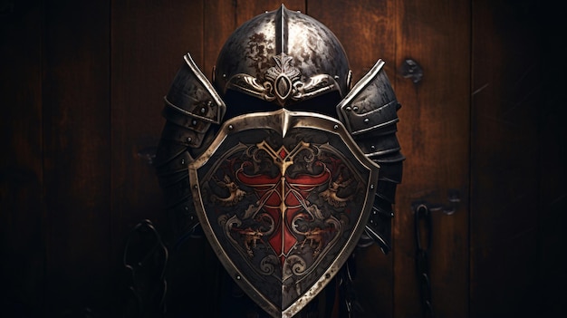 Photo of shield knight armor and sword over dark