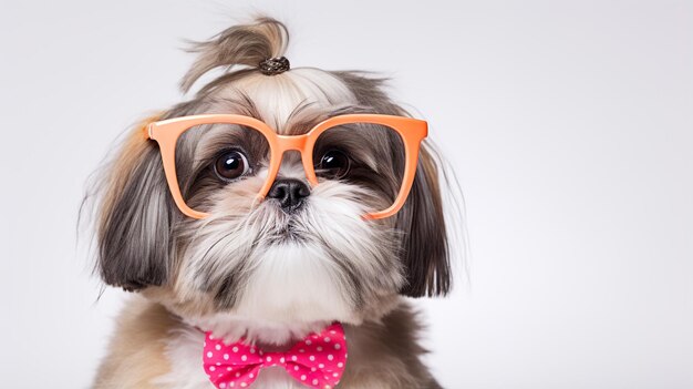 Photo of a shih tzu dog using eyeglasses isolated on white background