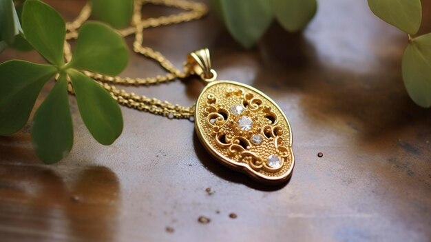 A photo of shimmering gold necklace with pendant and chain