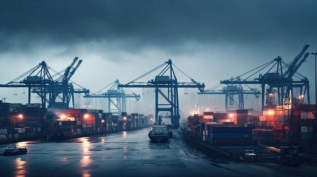 A photo of a shipping port cranes and containers