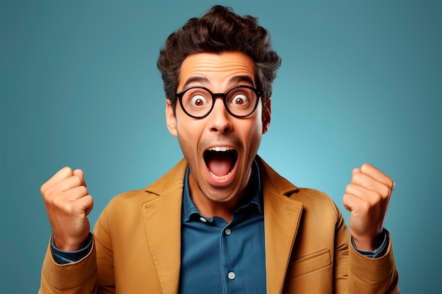 Photo of shocked ecstatic guy win luck lottery raise hands up shout yea isolated