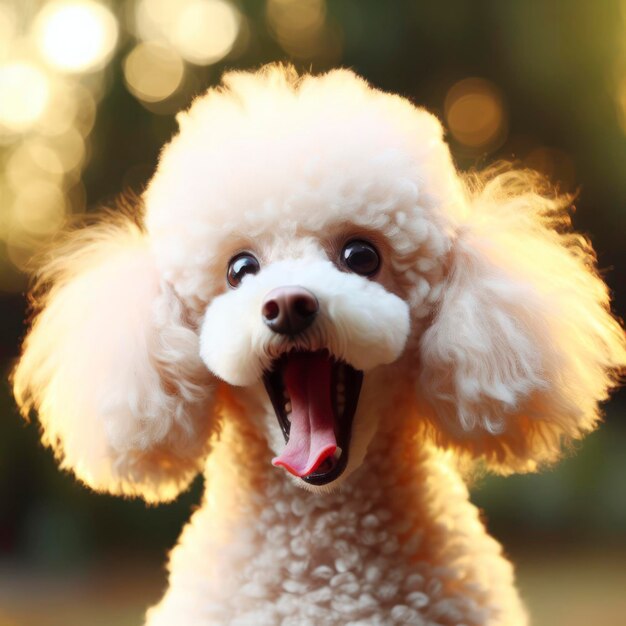 Photo photo of a shocked poodle on nature bokeh background ai generative