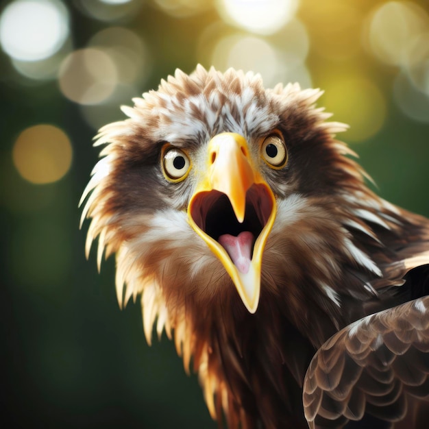 Photo of a Shocked real eagle on nature bokeh background ai generative