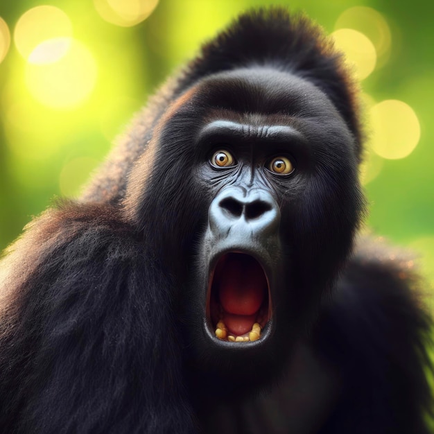 Photo of a Shocked real Gorilla on nature bokeh background ai generative