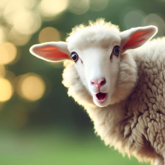 Photo of a Shocked real sheep on nature bokeh background ai generative