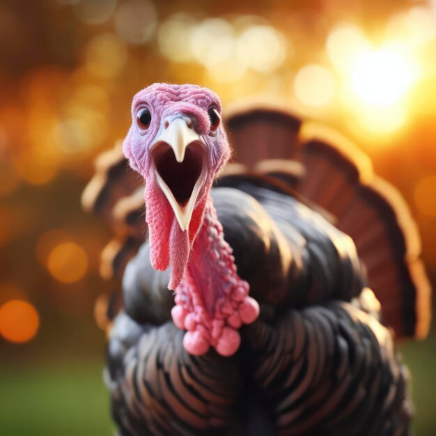 Photo of a Shocked real turkey on nature bokeh background ai generative