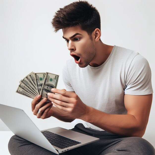 Photo shocked young man holding money using laptop computer
