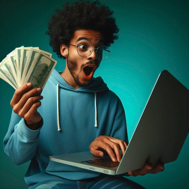 Photo shocked young man holding money using laptop computer