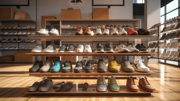 A photo of a shoe store with a variety of footwear