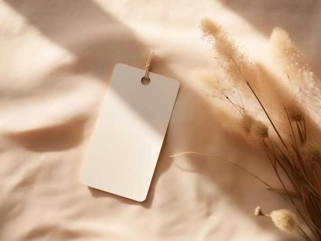 A photo shoot of two blank tag on top of a table silk cloth and leaves