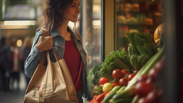 Foto una foto di un acquirente con una borsa di frutta e verdura fresca