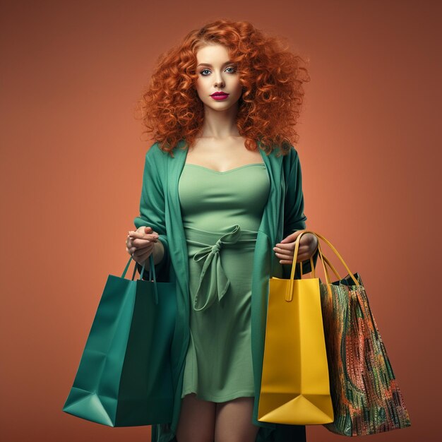 곱슬 머리카락 을 가진 쇼핑 여자 사진