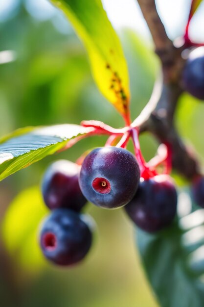 Photo shot of a acai attached to a tree branch with a blurred background