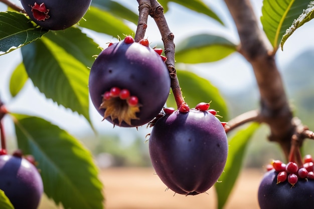 photo shot of a Acai attached to a tree branch with a blurred background