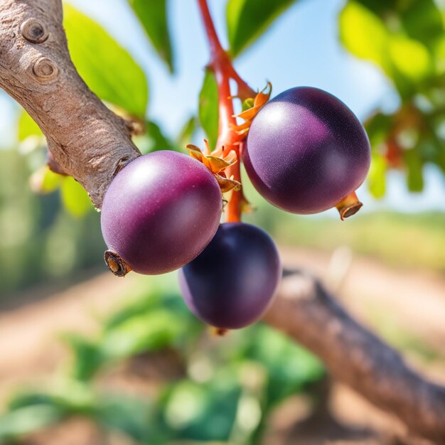 photo shot of a Acai attached to a tree branch with a blurred background