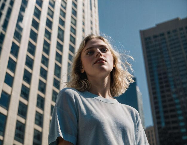 photo shot from below of beautiful teenage woman standing with high building in background generative AI