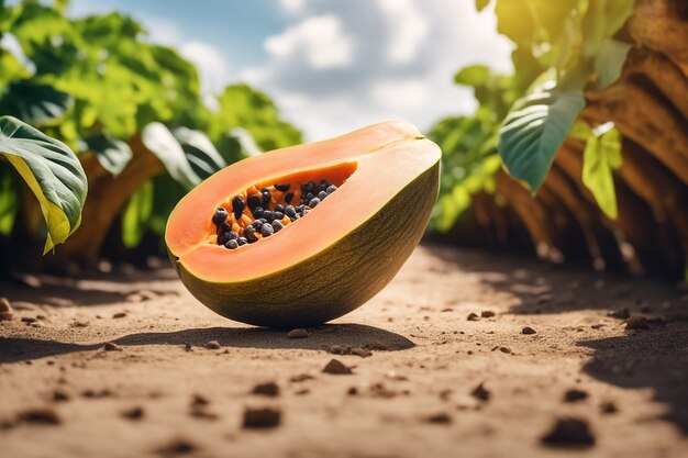 Photo shot of a papaya to a agricultural land with a blurred background