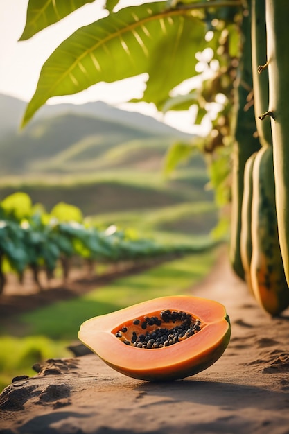 photo shot of a Papaya to a Agricultural Land with a blurred background