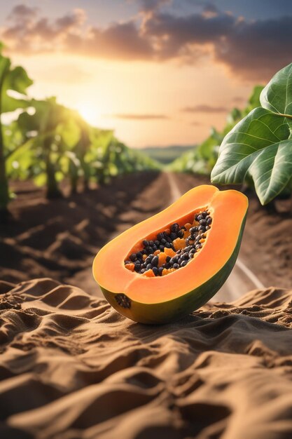Photo shot of a papaya to a agricultural land with a blurred background