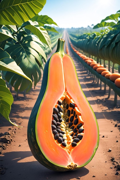 photo shot of a Papaya to a Agricultural Land with a blurred background